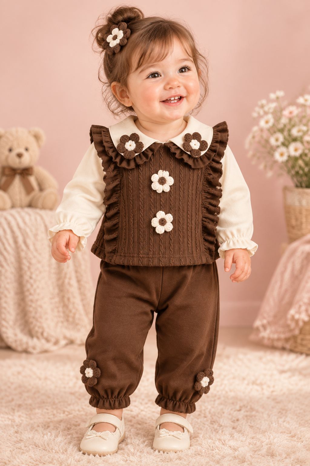 Brown Cable-Knit Vest & Ruffle Pants 3-Piece Set