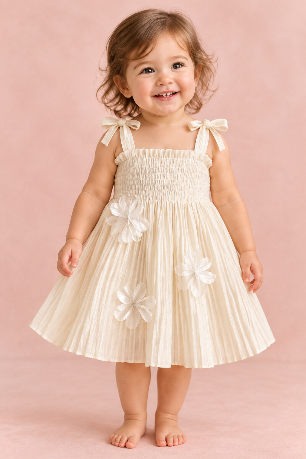 Ivory Pleated Smocked Dress with Bow Straps & Flower Appliqués