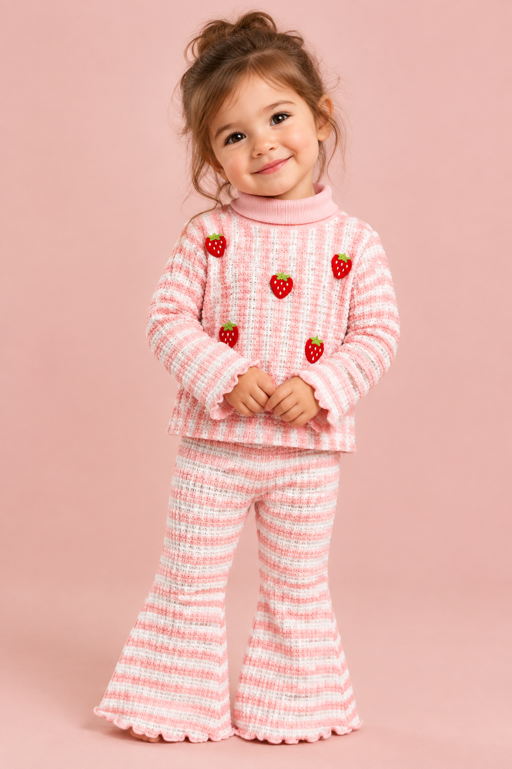 Pink Strawberry Waffle-Knit Turtleneck & Flare Pants Set