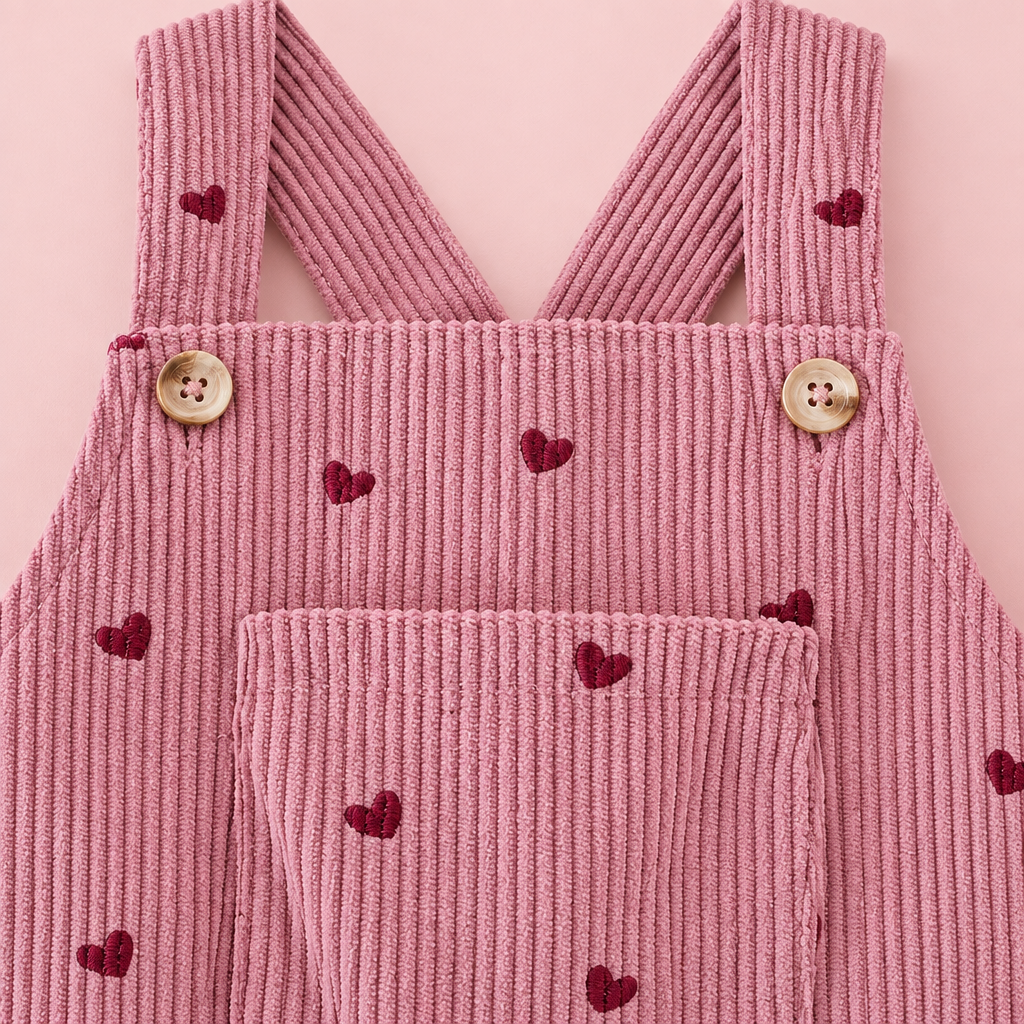 Pink Heart Corduroy Dungaree & Ruffle Top 2-Piece Set