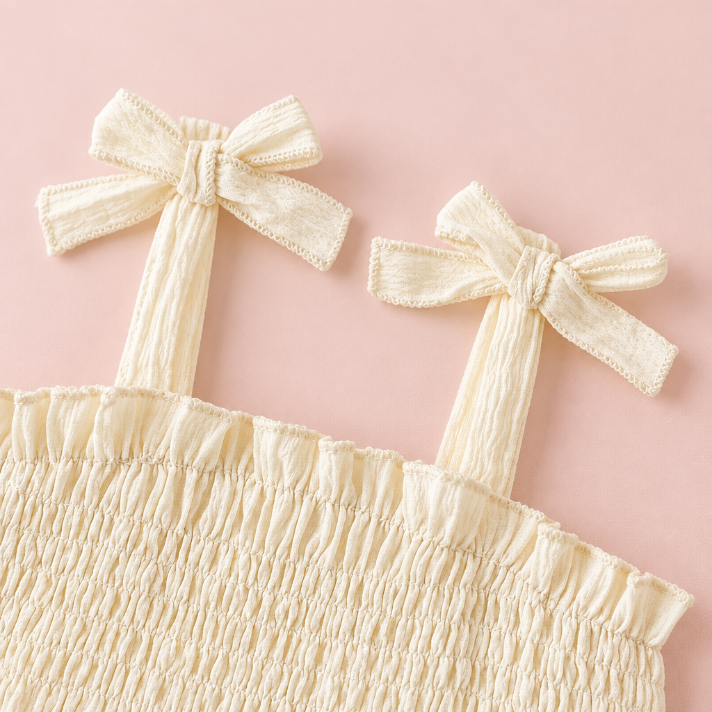 Ivory Pleated Smocked Dress with Bow Straps & Flower Appliqués