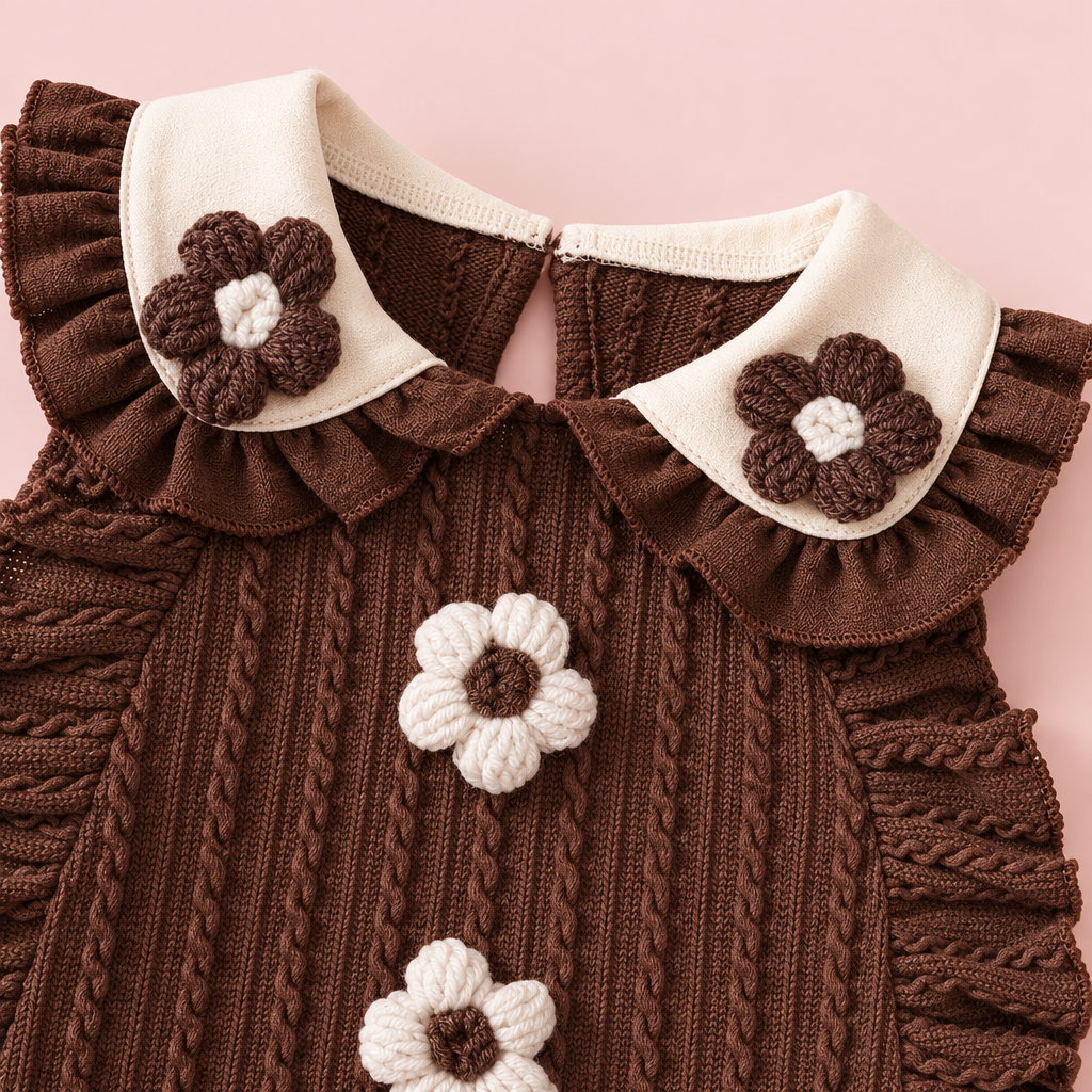 Brown Cable-Knit Vest & Ruffle Pants 3-Piece Set