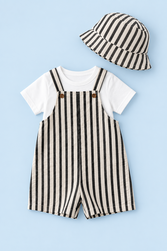 Baby Striped Dungaree Set with Hat – Black & White