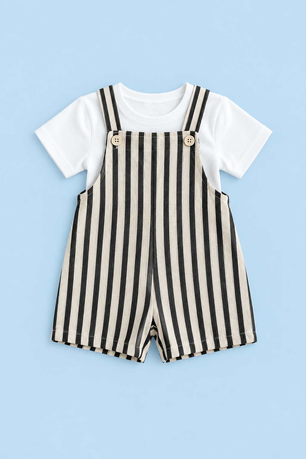 Baby Striped Dungaree Set with Hat – Black & White