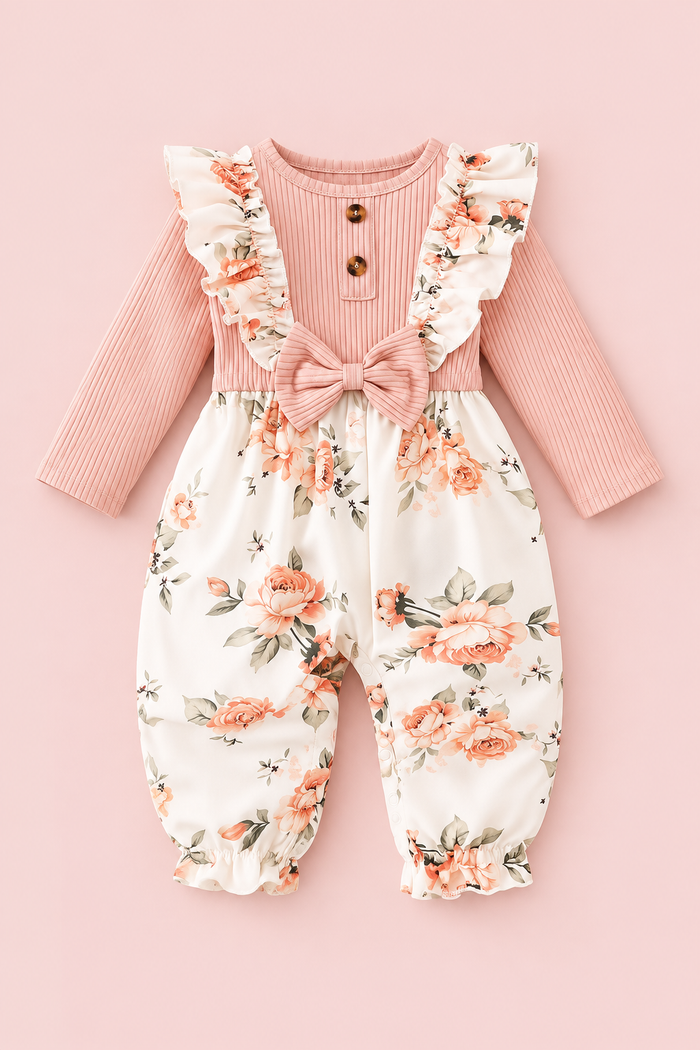 Pink Ribbed & Floral Ruffle Romper with Bow