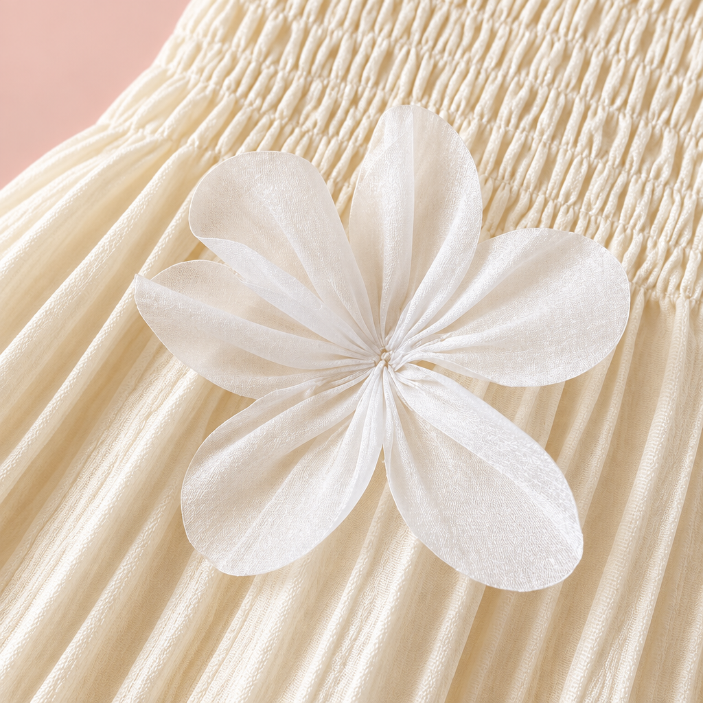 Ivory Pleated Smocked Dress with Bow Straps & Flower Appliqués