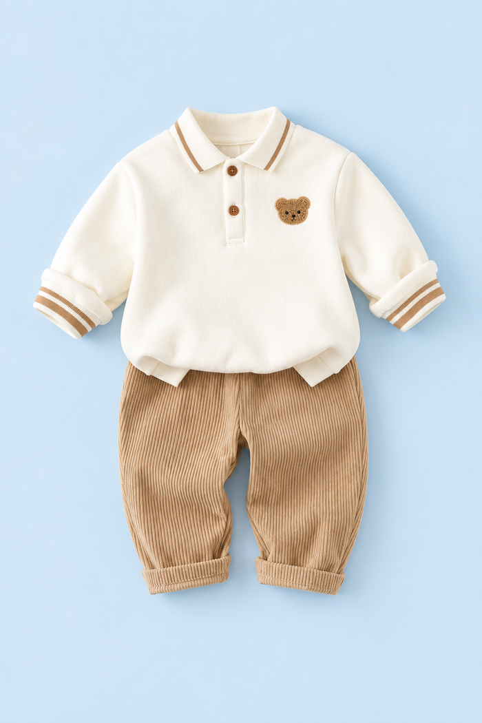 Baby Boys’ Teddy Bear Polo & Trousers Set – Cream & Tan