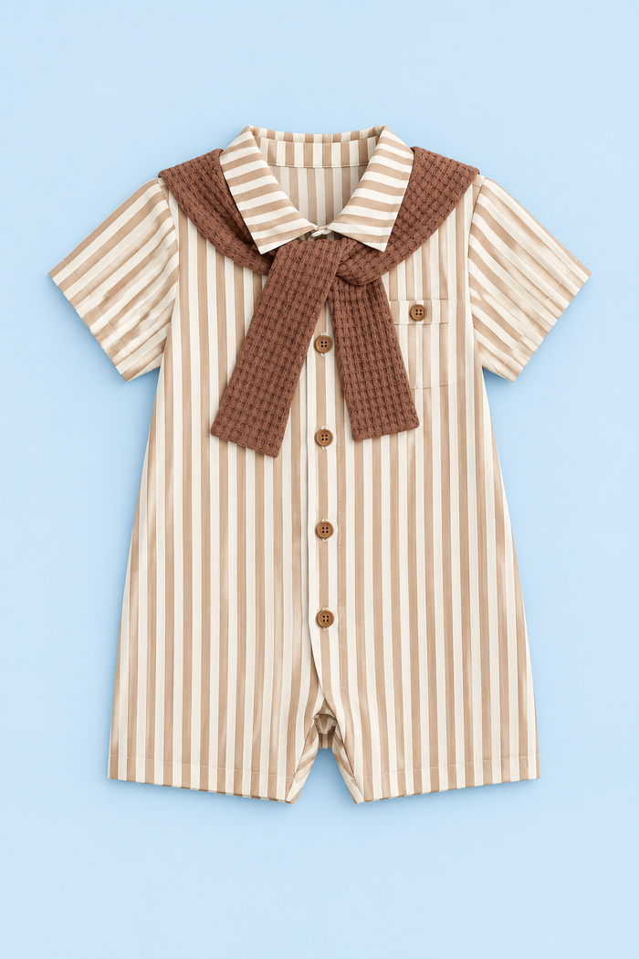 Baby Boys’ Striped Sailor-Style Romper – Beige & Brown