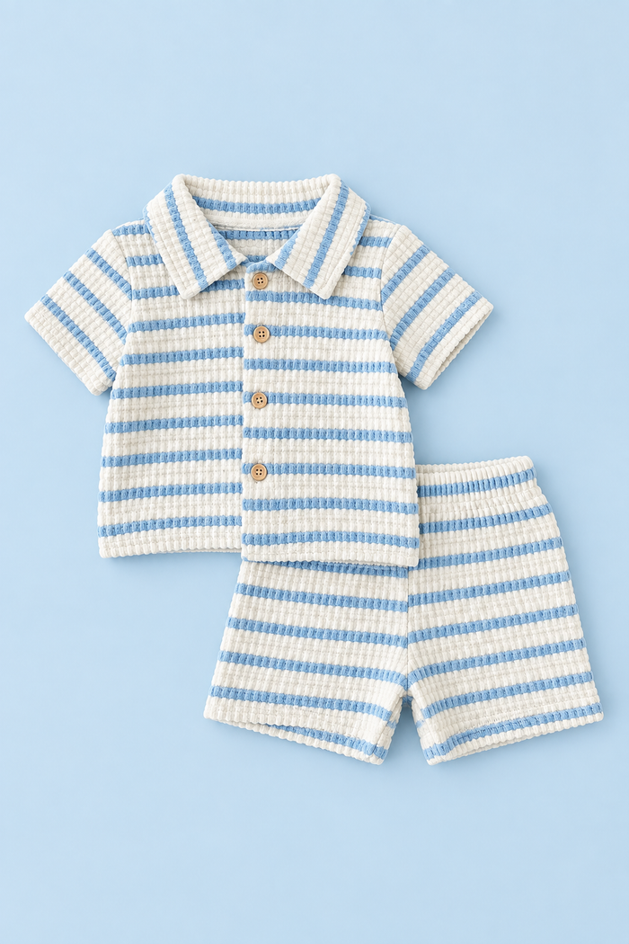 Baby Boys’ Striped Shirt & Shorts Set – Blue & Cream
