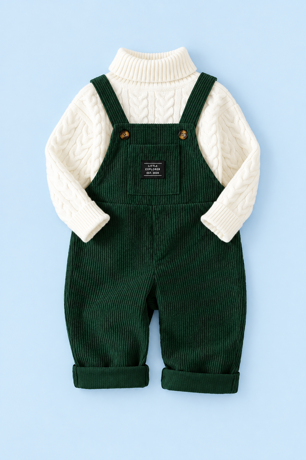 Baby Boys’ Dungaree & Cable-Knit Sweater Set – Dark Green & Cream