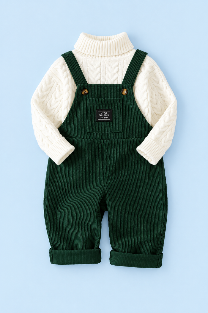 Baby Boys’ Dungaree & Cable-Knit Sweater Set – Dark Green & Cream