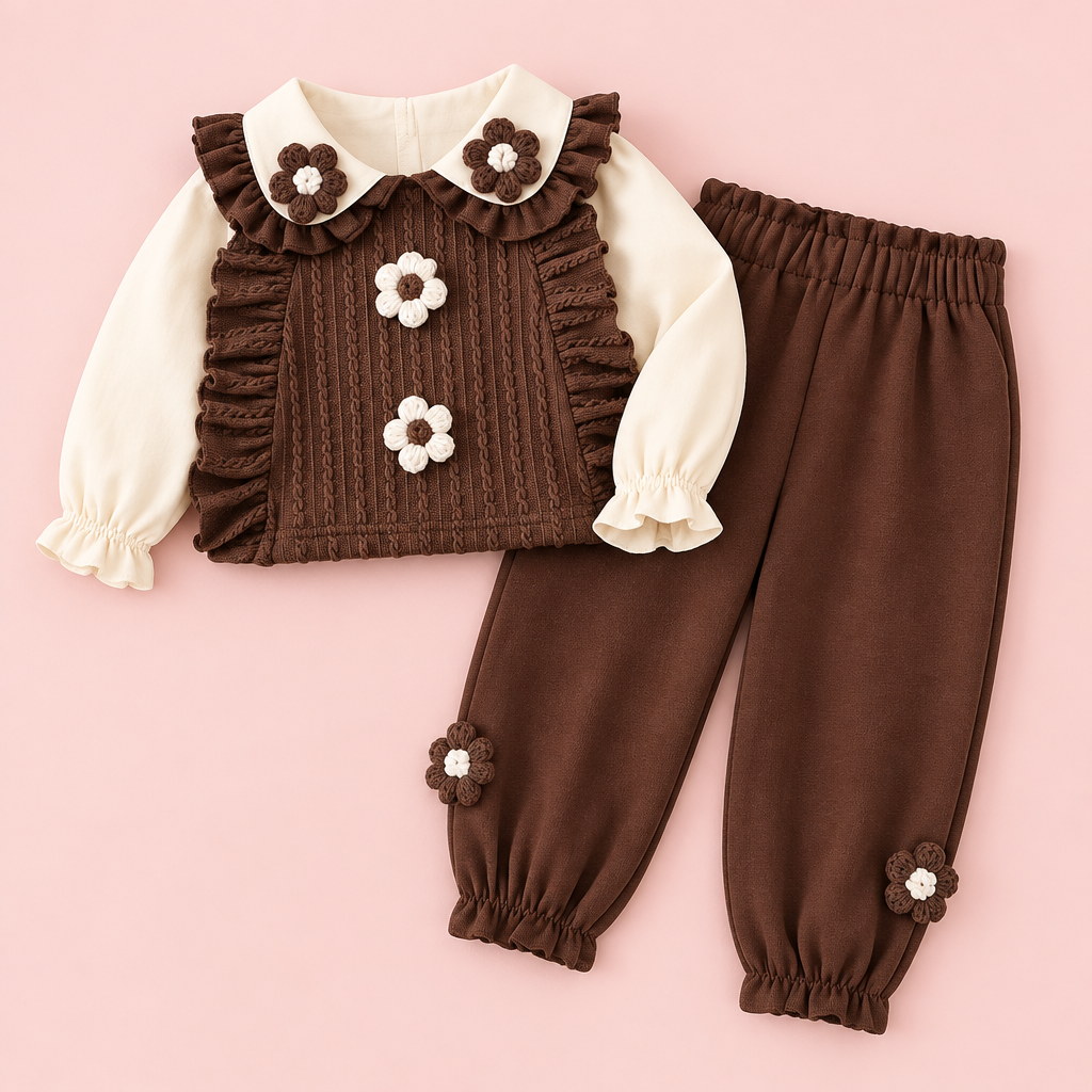 Brown Cable-Knit Vest & Ruffle Pants 3-Piece Set