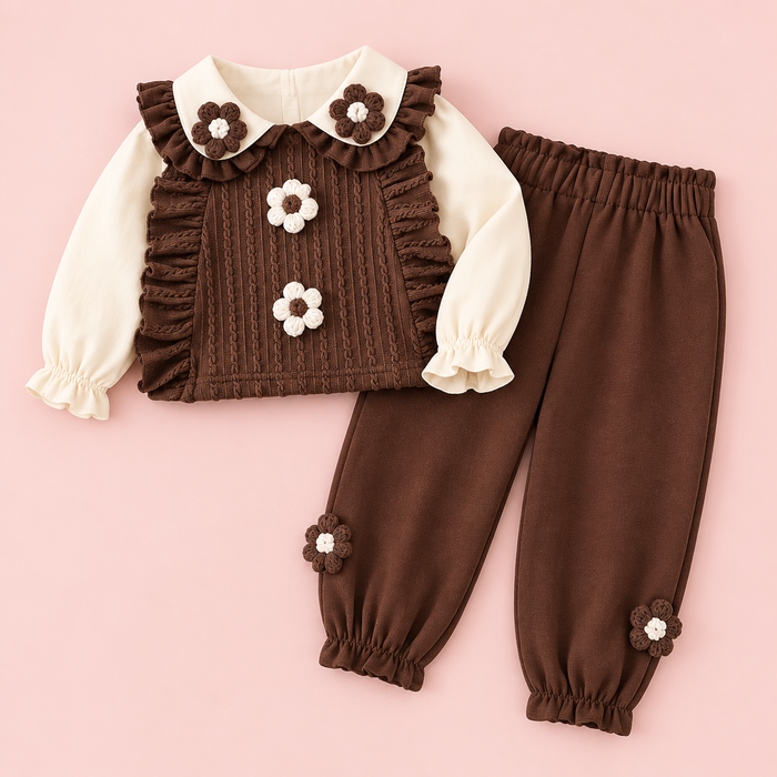 Brown Cable-Knit Vest & Ruffle Pants 3-Piece Set