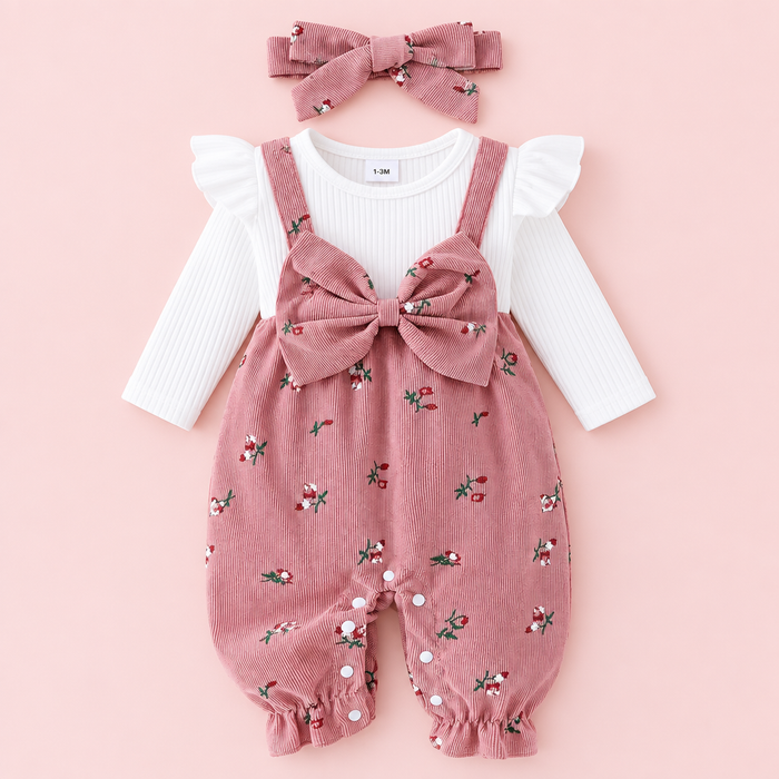 Pink Floral Corduroy Dungaree, Ruffle Top & Headband 3-Piece Set