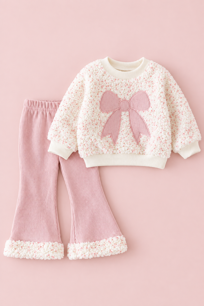 Pink Bow Sherpa Sweatshirt & Corduroy Flare Pants Set