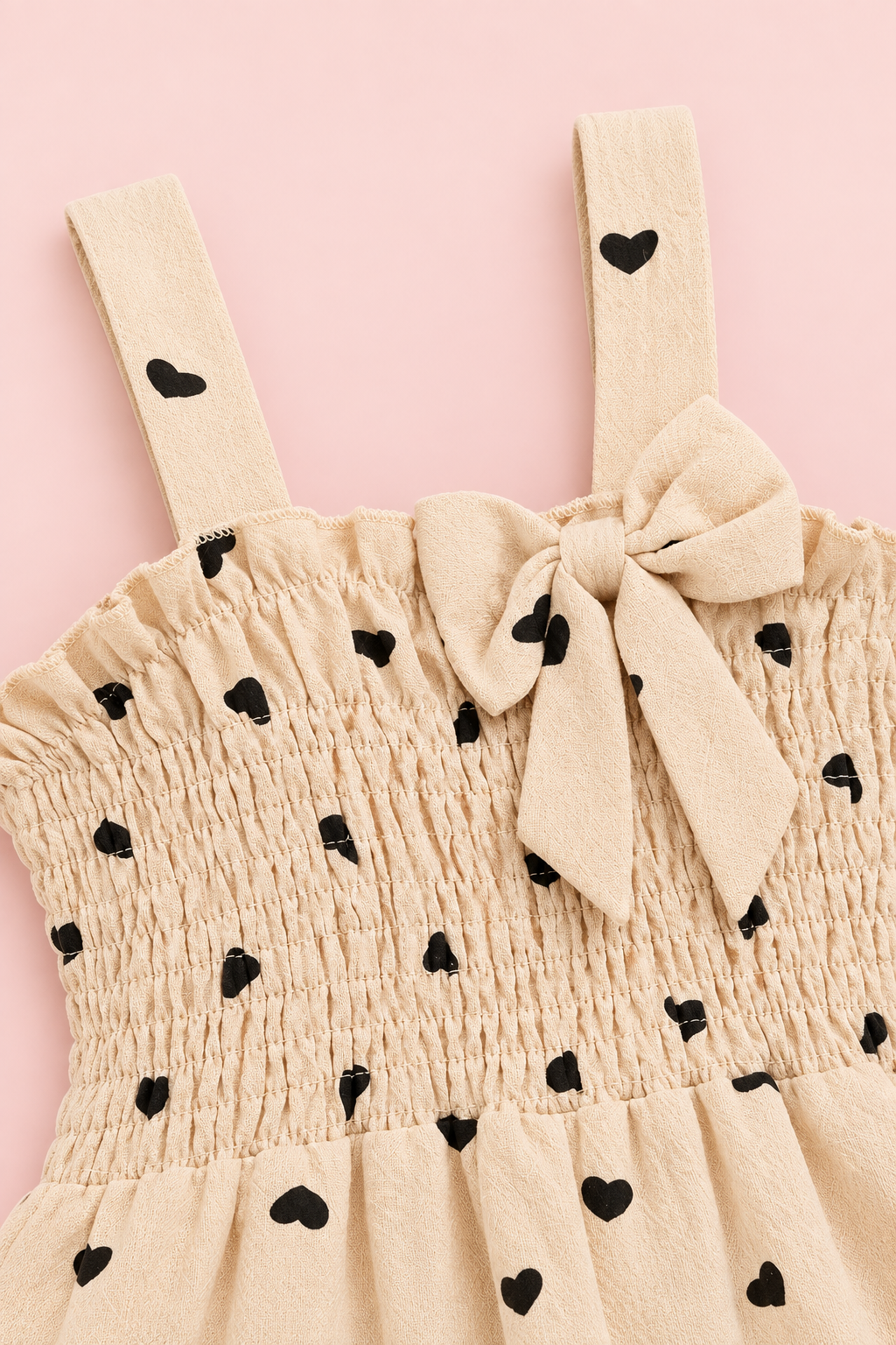 Beige Heart Print Smocked Romper