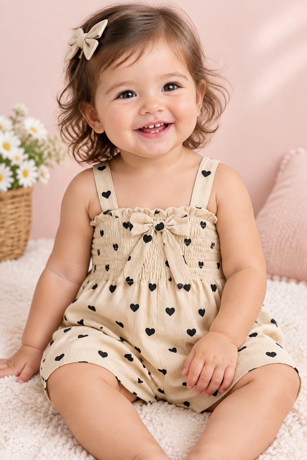 Beige Heart Print Smocked Romper