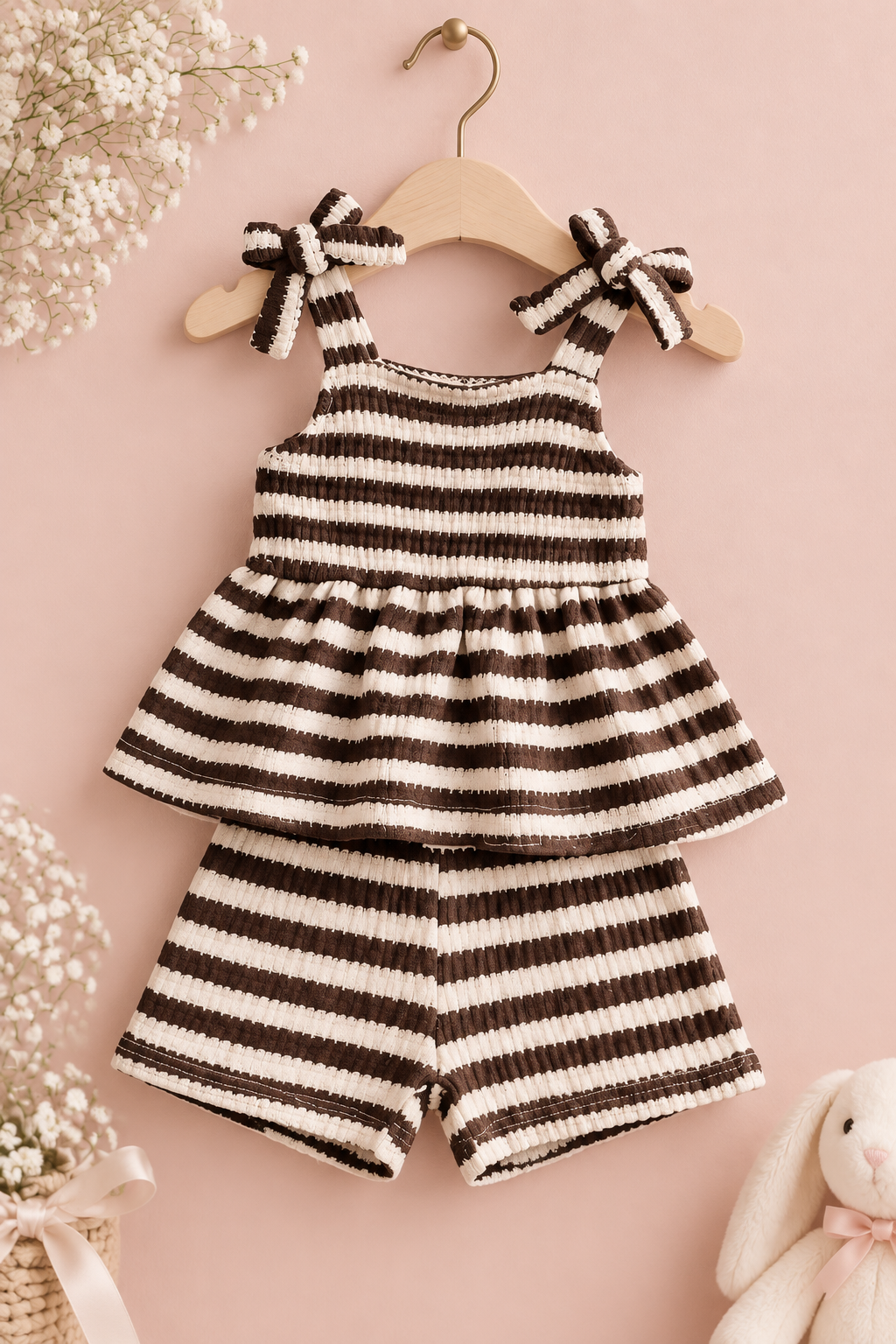 Coffee Brown Striped Bow Two-Piece Set