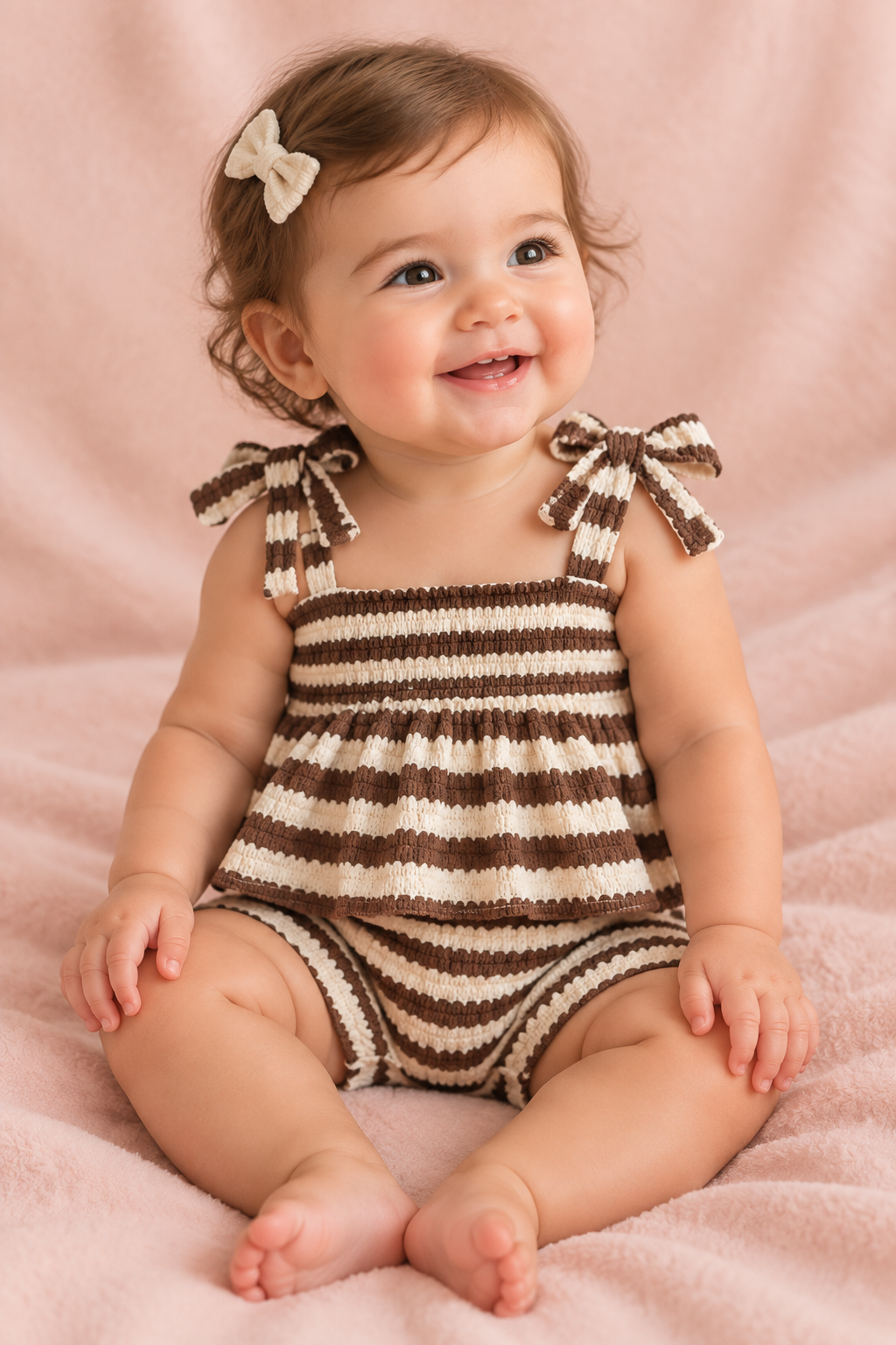 Coffee Brown Striped Bow Two-Piece Set