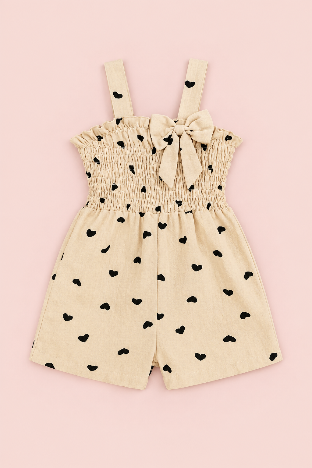 Beige Heart Print Smocked Romper