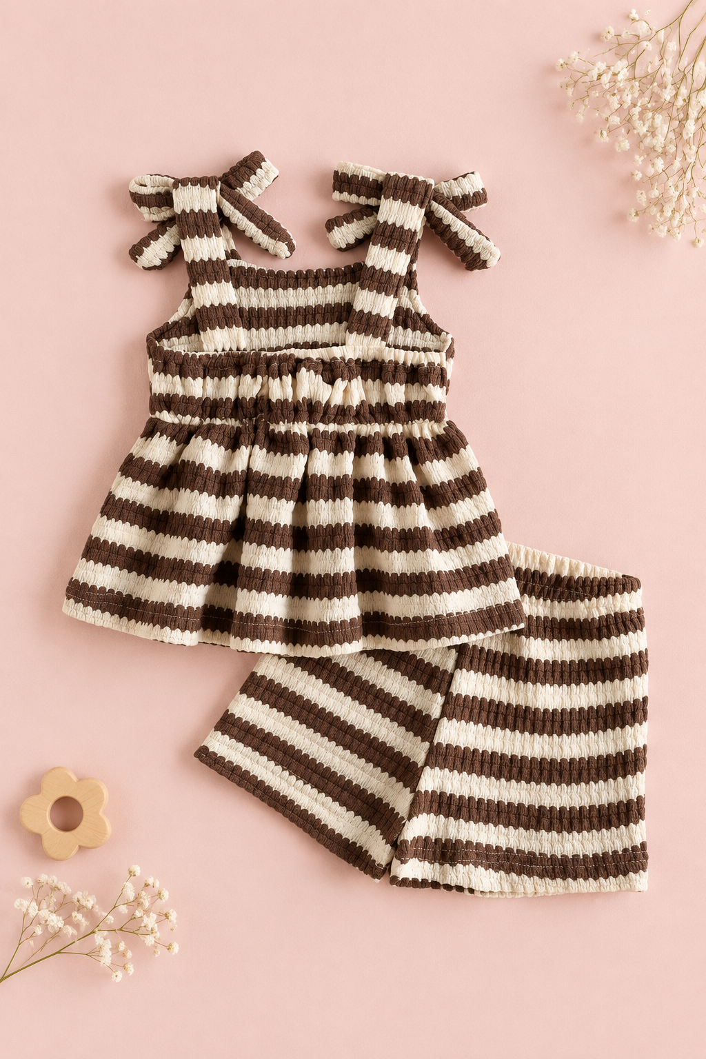 Coffee Brown Striped Bow Two-Piece Set