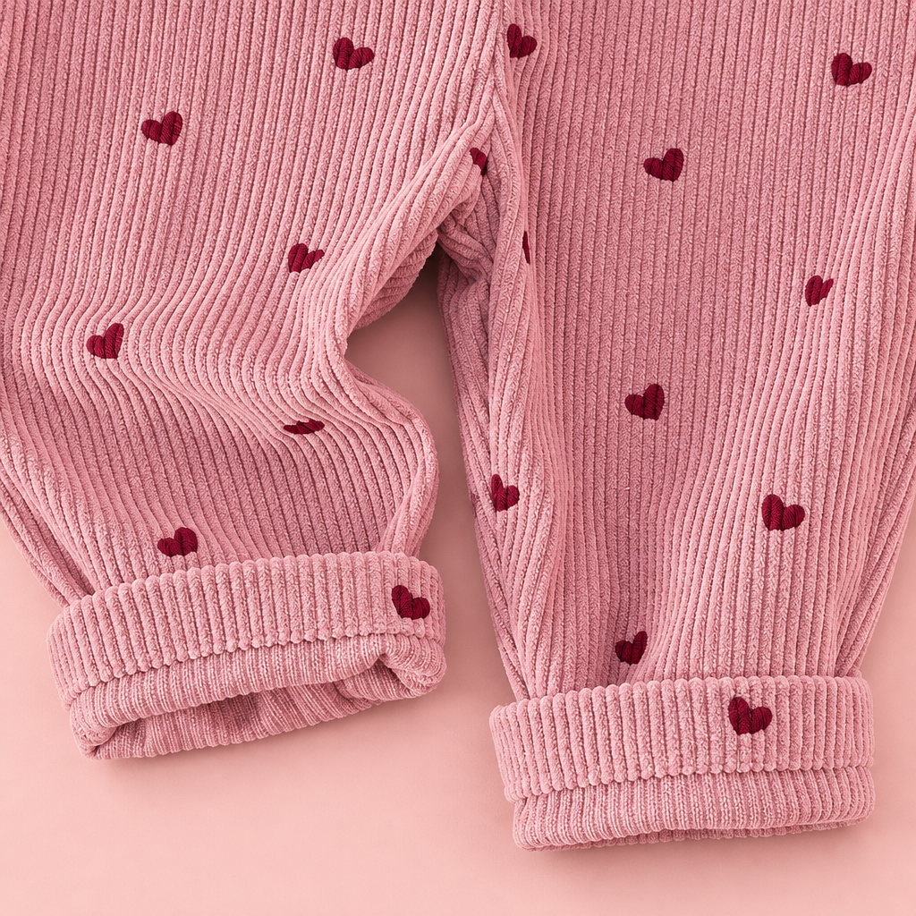 Pink Heart Corduroy Dungaree & Ruffle Top 2-Piece Set