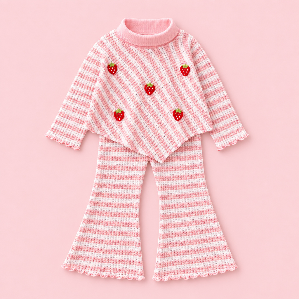 Pink Strawberry Waffle-Knit Turtleneck & Flare Pants Set
