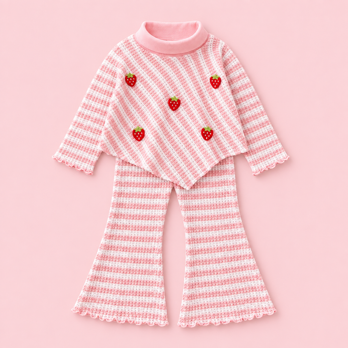 Pink Strawberry Waffle-Knit Turtleneck & Flare Pants Set